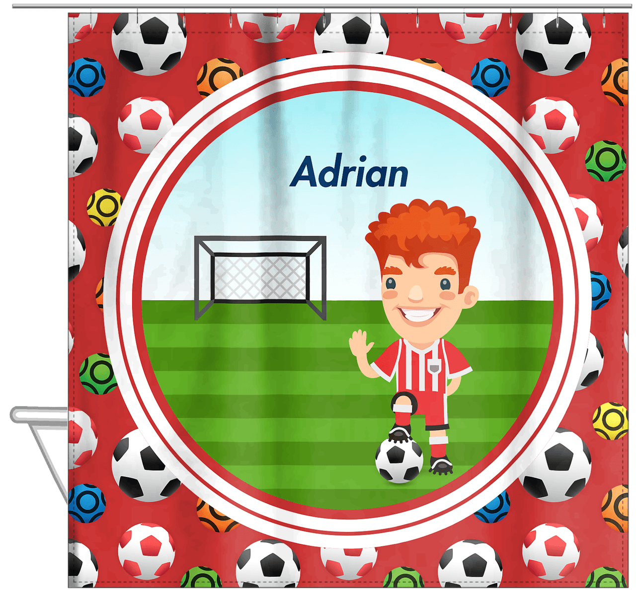 Personalized Soccer Shower Curtain XL - Red Background - Redhead Boy - Hanging View
