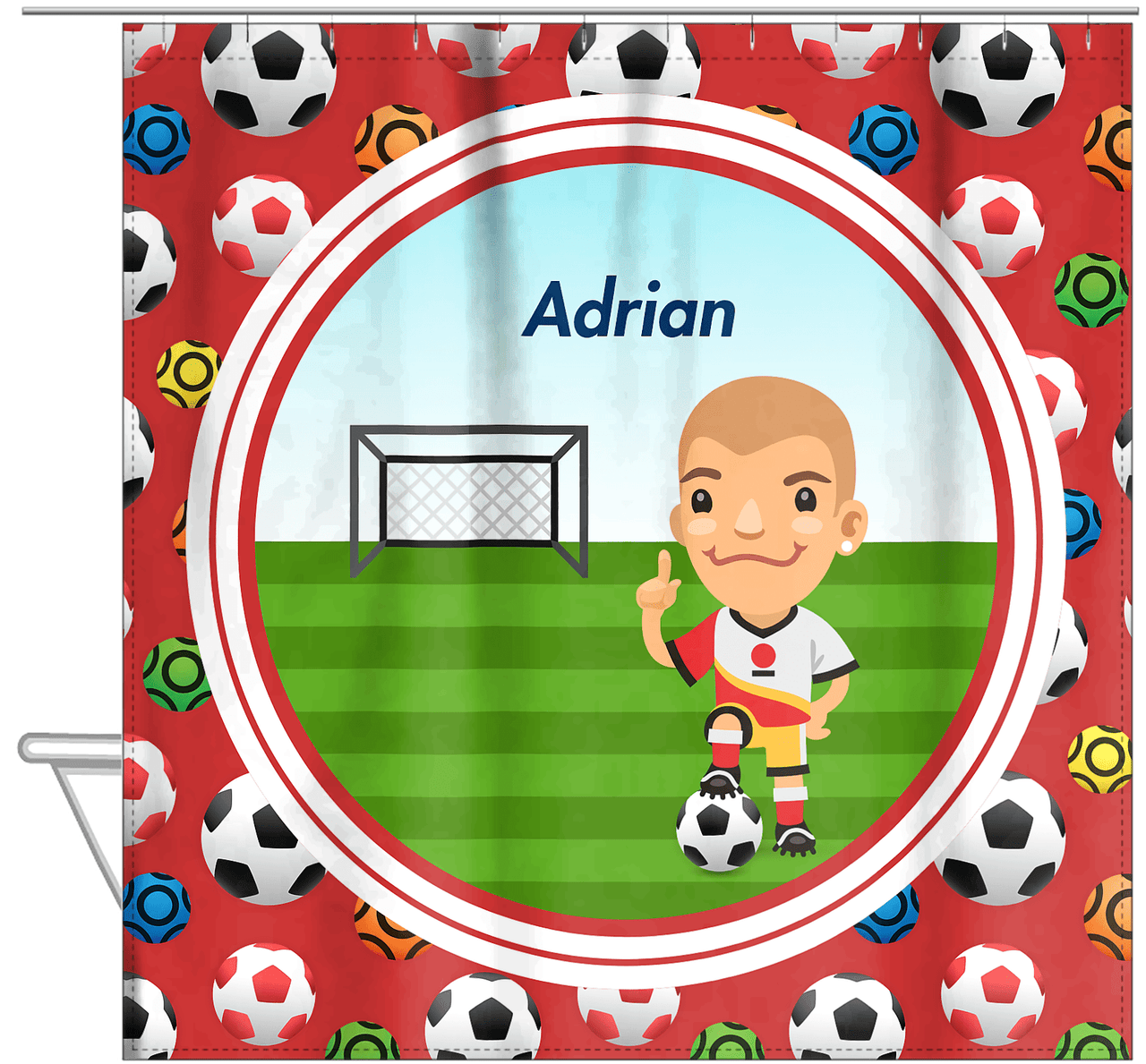 Personalized Soccer Shower Curtain XL - Red Background - Blond Boy I - Hanging View