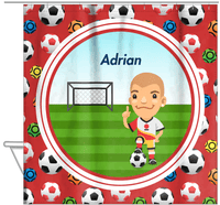 Thumbnail for Personalized Soccer Shower Curtain XL - Red Background - Blond Boy I - Hanging View