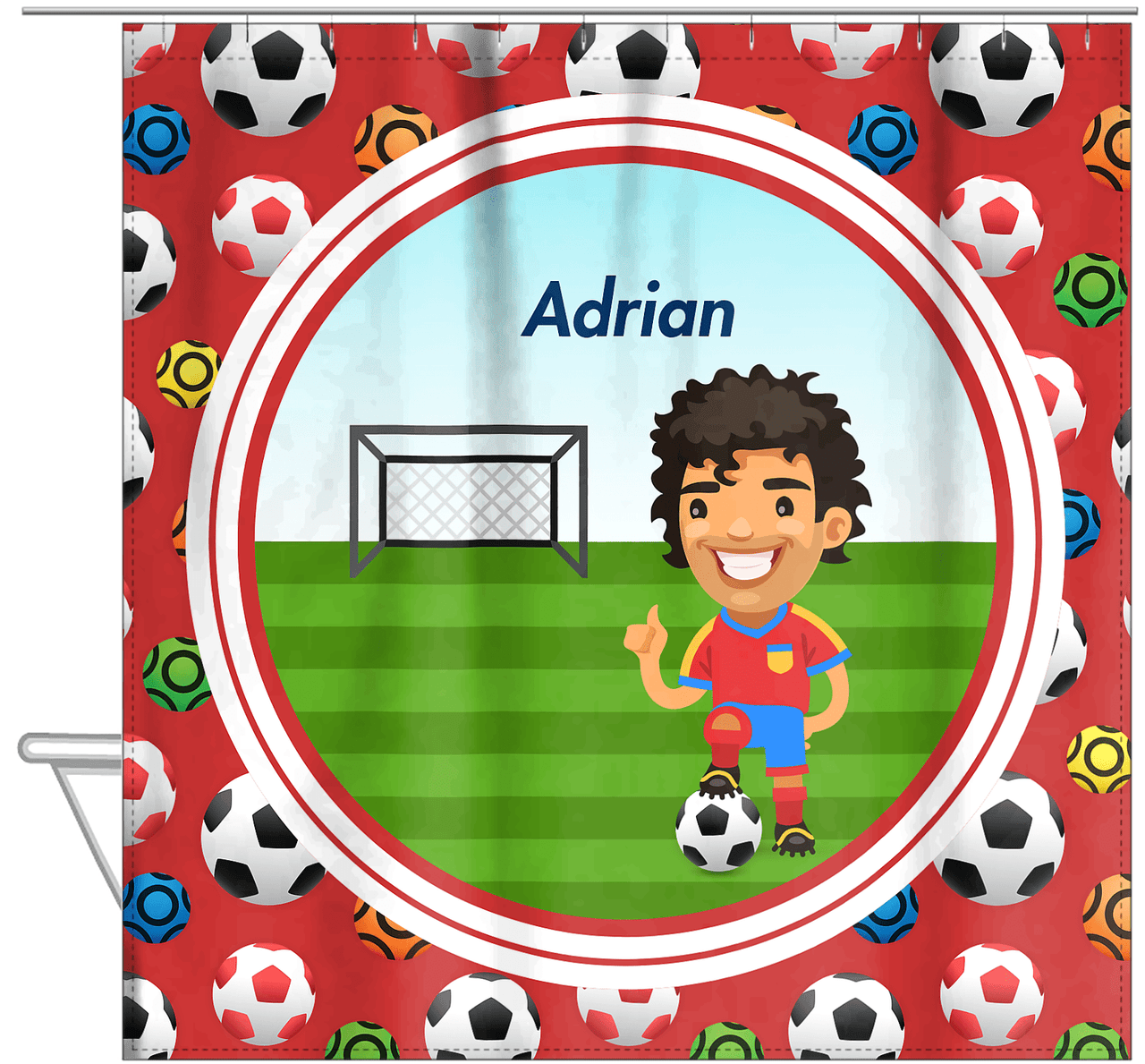 Personalized Soccer Shower Curtain XL - Red Background - Black Hair Boy - Hanging View