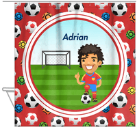 Thumbnail for Personalized Soccer Shower Curtain XL - Red Background - Black Hair Boy - Hanging View