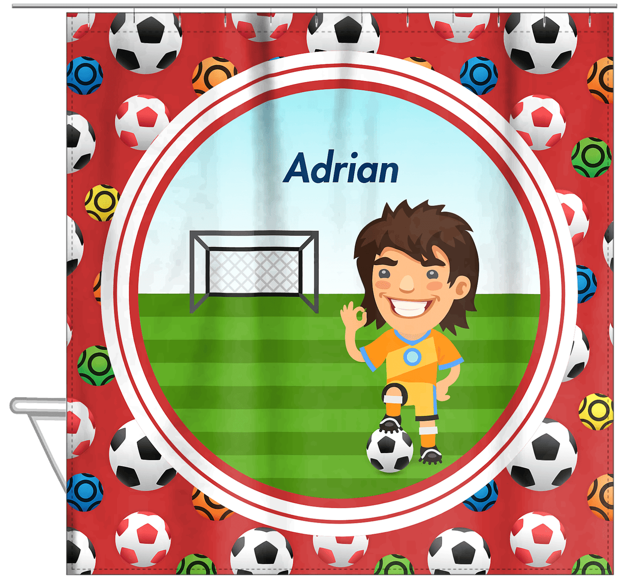 Personalized Soccer Shower Curtain XL - Red Background - Brown Hair Boy II - Hanging View