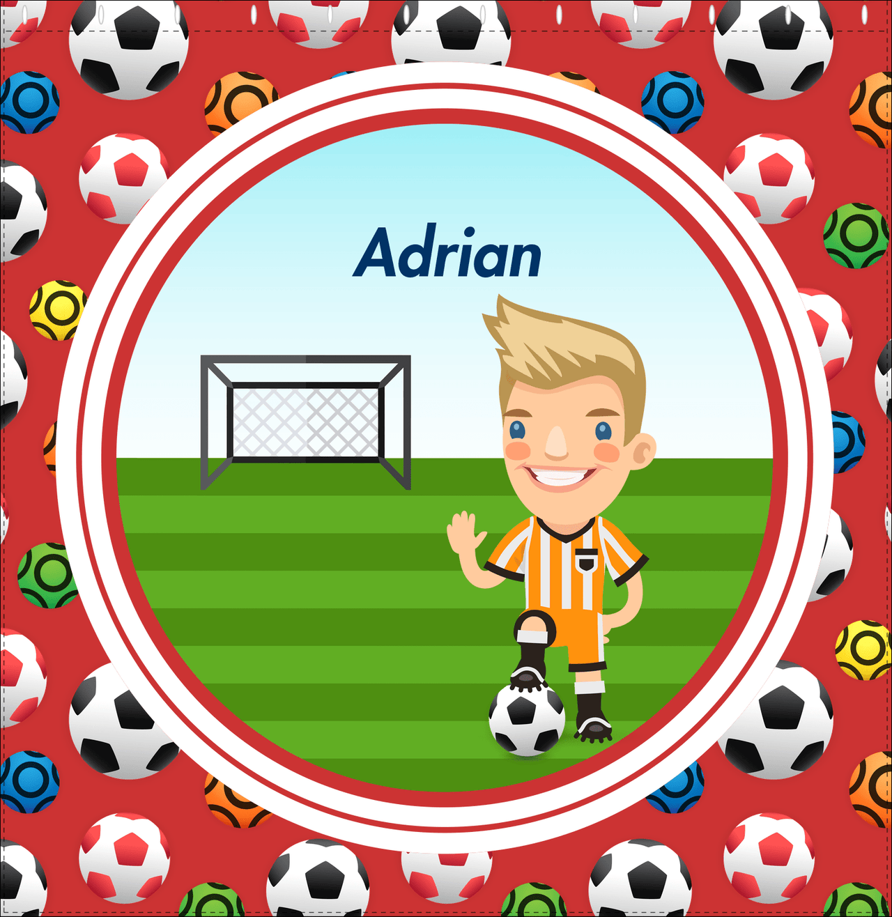Personalized Soccer Shower Curtain XL - Red Background - Blond Boy II - Decorate View