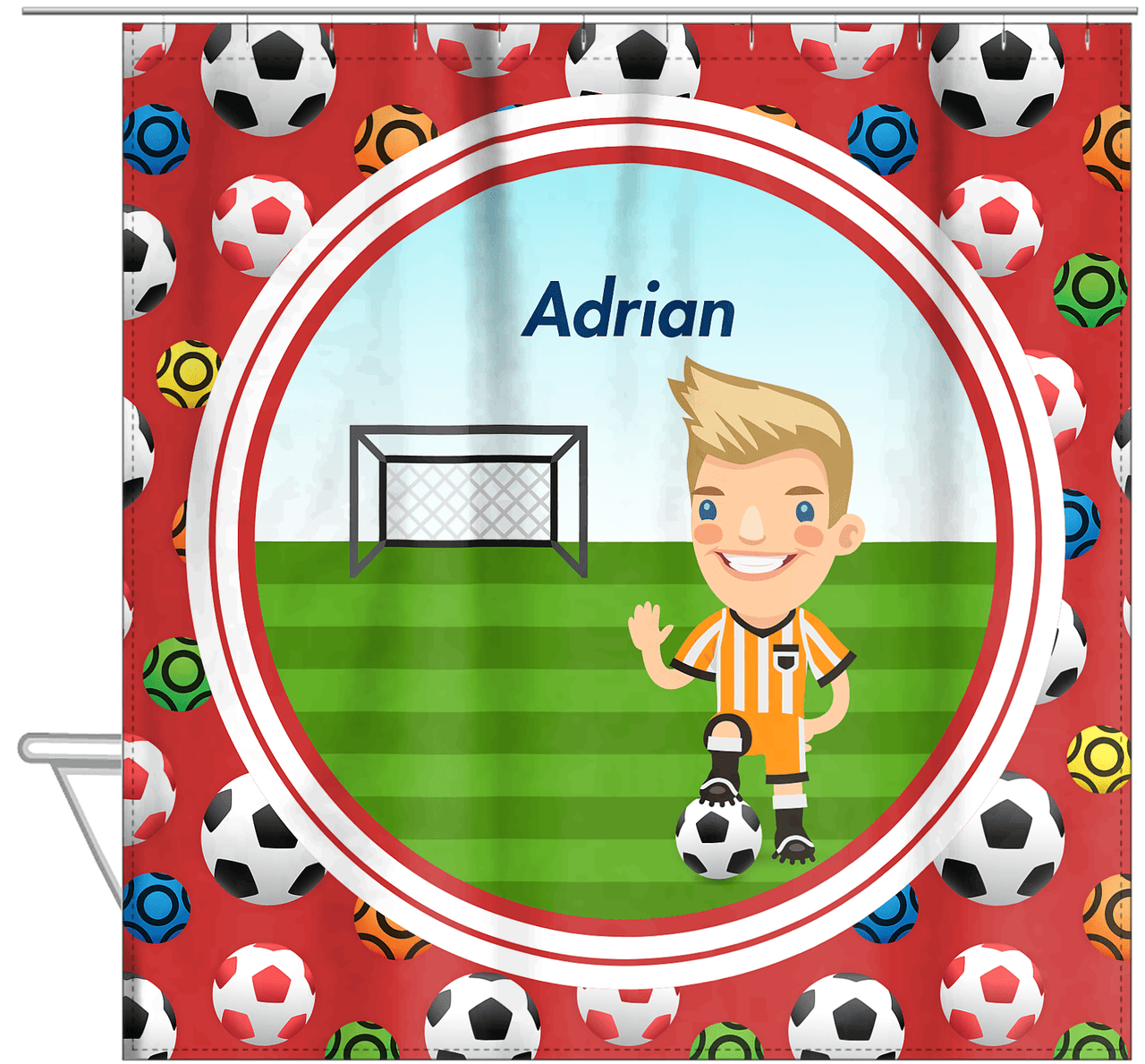 Personalized Soccer Shower Curtain XL - Red Background - Blond Boy II - Hanging View