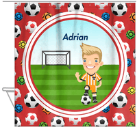Thumbnail for Personalized Soccer Shower Curtain XL - Red Background - Blond Boy II - Hanging View