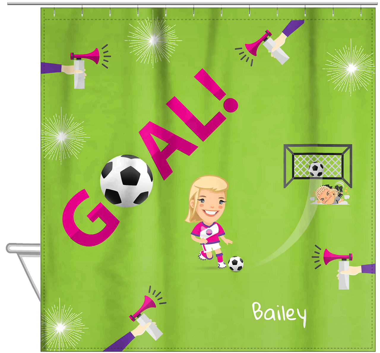 Personalized Soccer Shower Curtain XLI - Green Background - Blonde Girl - Hanging View
