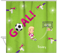 Thumbnail for Personalized Soccer Shower Curtain XLI - Green Background - Blonde Girl - Hanging View