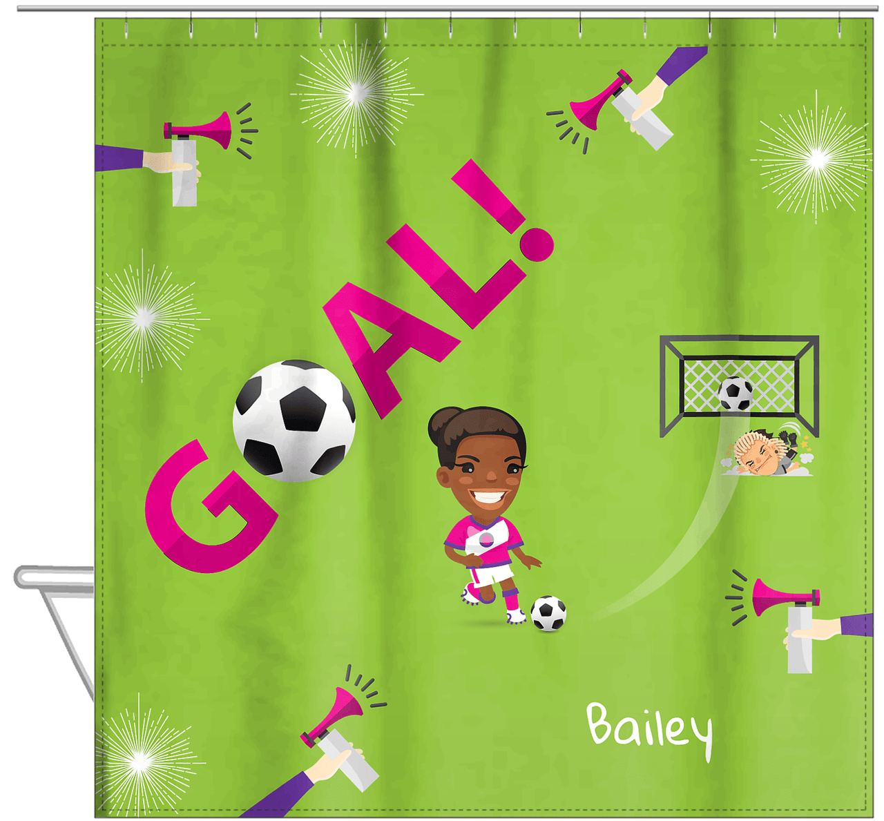 Personalized Soccer Shower Curtain XLI - Green Background - Black Girl - Hanging View