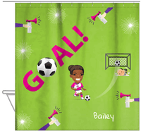 Thumbnail for Personalized Soccer Shower Curtain XLI - Green Background - Black Girl - Hanging View