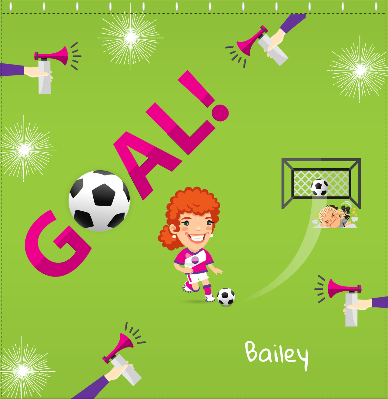 Personalized Soccer Shower Curtain XLI - Green Background - Redhead Girl - Decorate View