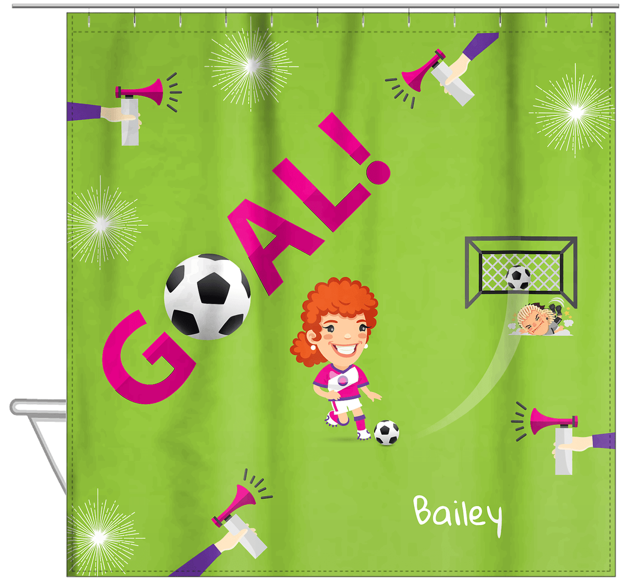 Personalized Soccer Shower Curtain XLI - Green Background - Redhead Girl - Hanging View