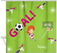 Thumbnail for Personalized Soccer Shower Curtain XLI - Green Background - Redhead Girl - Hanging View