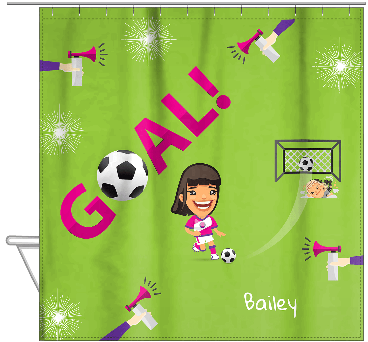 Personalized Soccer Shower Curtain XLI - Green Background - Black Hair Girl - Hanging View