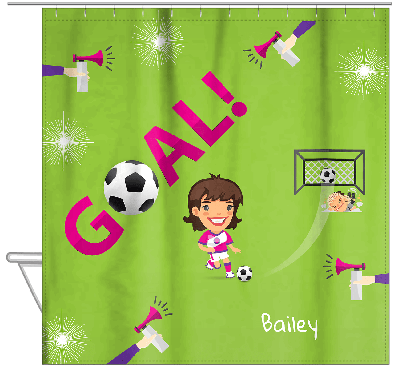 Personalized Soccer Shower Curtain XLI - Green Background - Brunette Girl I - Hanging View