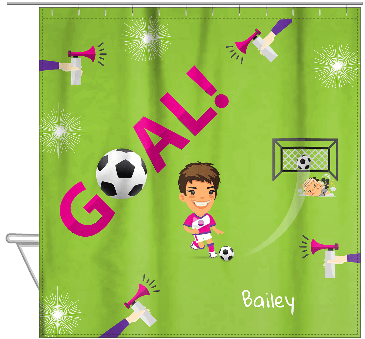 Personalized Soccer Shower Curtain XLI - Green Background - Brunette Girl III - Hanging View