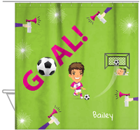 Thumbnail for Personalized Soccer Shower Curtain XLI - Green Background - Brunette Girl III - Hanging View