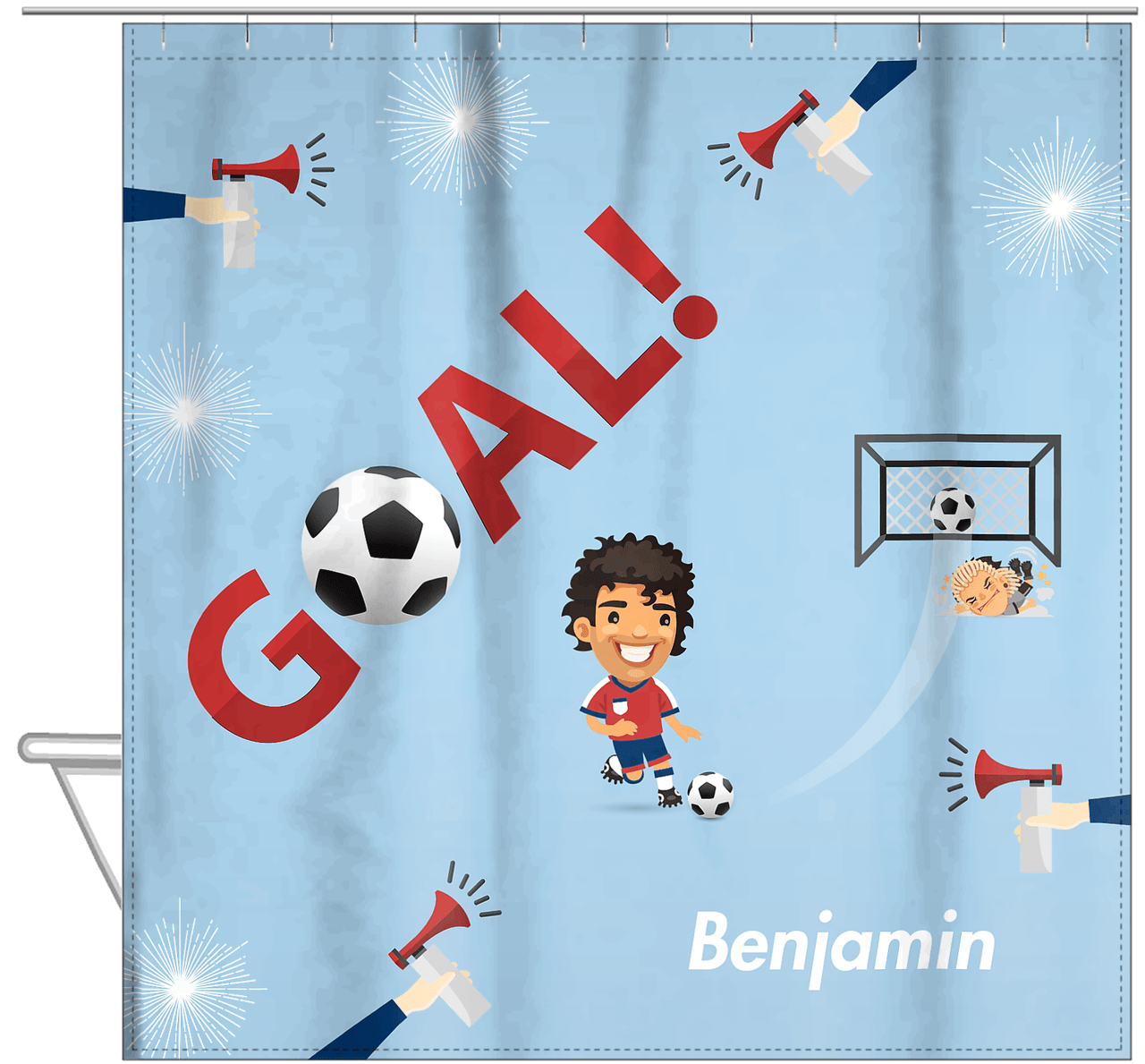Personalized Soccer Shower Curtain XLII - Blue Background - Black Hair Boy I - Hanging View