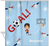 Thumbnail for Personalized Soccer Shower Curtain XLII - Blue Background - Black Hair Boy I - Hanging View