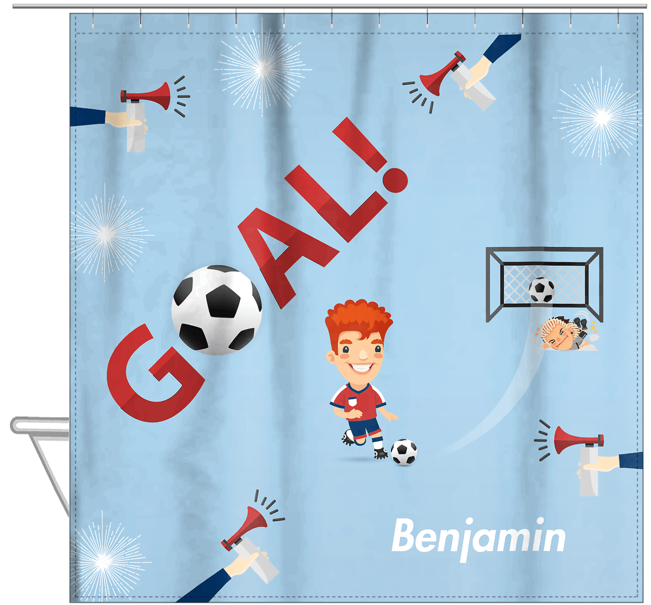 Personalized Soccer Shower Curtain XLII - Blue Background - Redhead Boy - Hanging View
