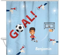 Thumbnail for Personalized Soccer Shower Curtain XLII - Blue Background - Black Hair Boy II - Hanging View
