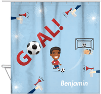 Thumbnail for Personalized Soccer Shower Curtain XLII - Blue Background - Black Boy - Hanging View