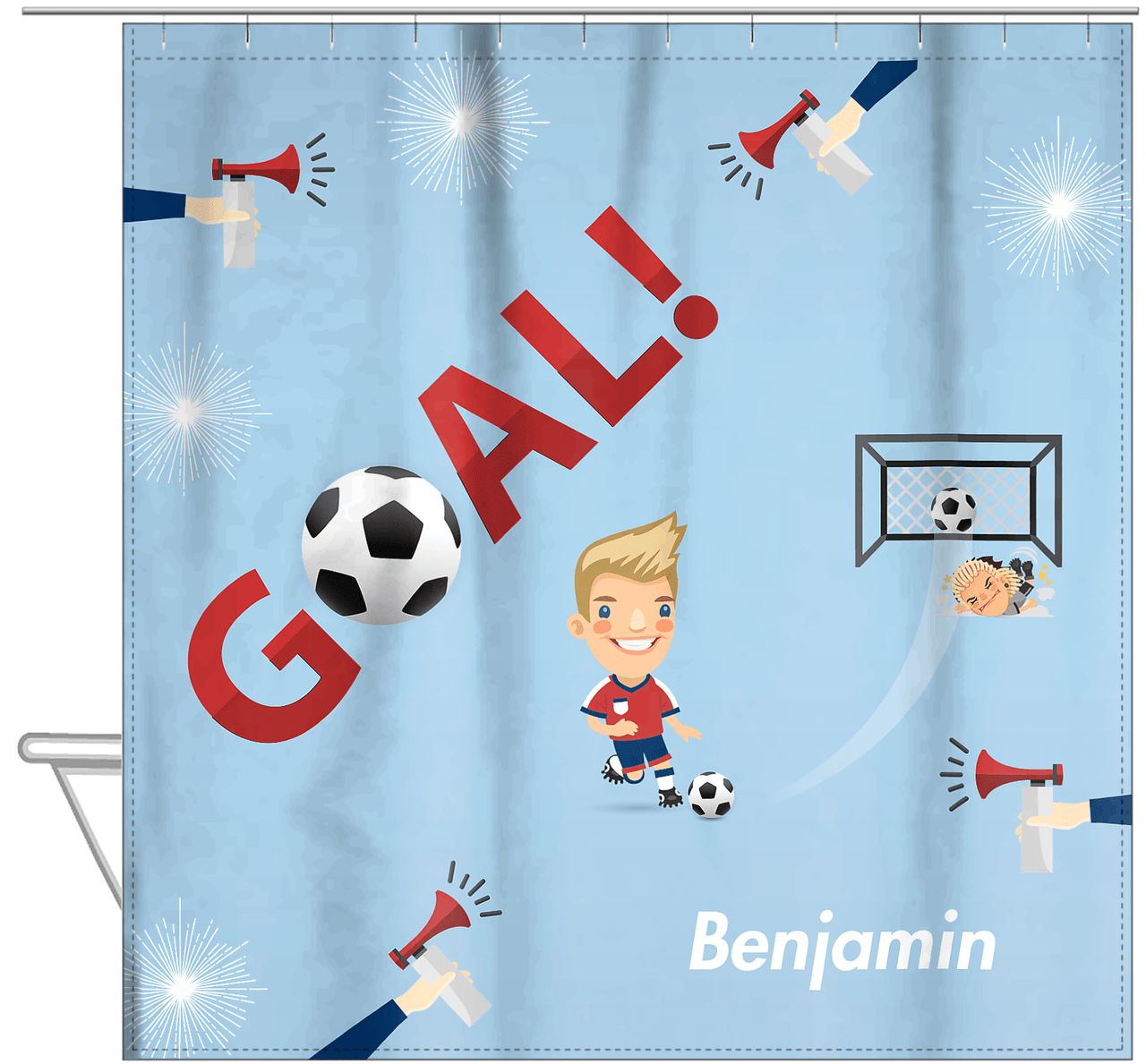 Personalized Soccer Shower Curtain XLII - Blue Background - Blond Boy - Hanging View