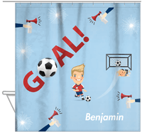 Thumbnail for Personalized Soccer Shower Curtain XLII - Blue Background - Blond Boy - Hanging View