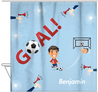 Thumbnail for Personalized Soccer Shower Curtain XLII - Blue Background - Black Hair Boy III - Hanging View