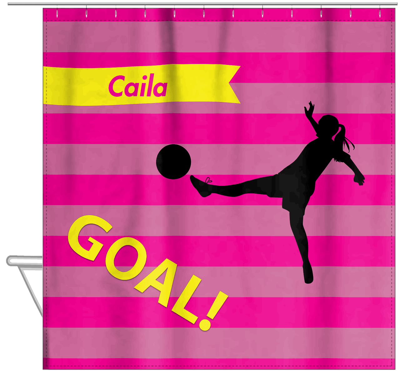 Personalized Soccer Shower Curtain XLIII - Pink Background - Girl Silhouette I - Hanging View