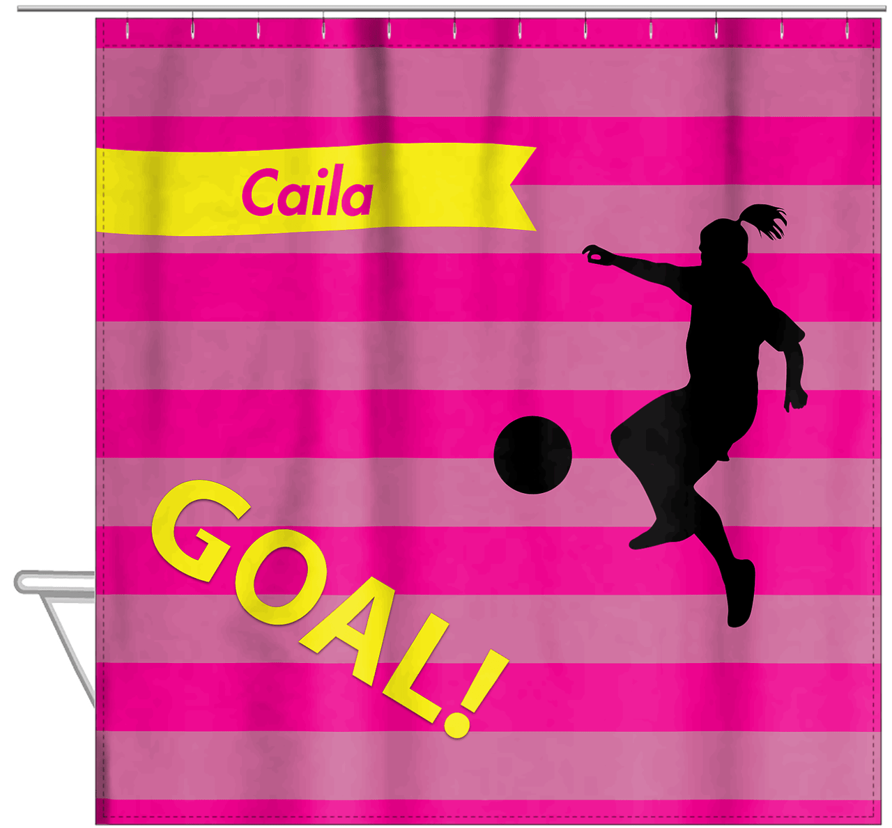 Personalized Soccer Shower Curtain XLIII - Pink Background - Girl Silhouette II - Hanging View
