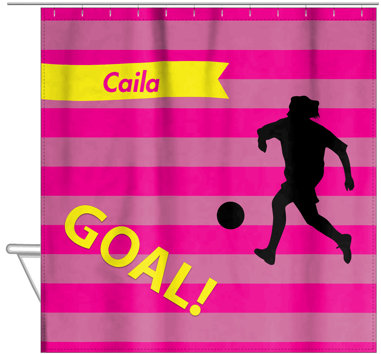Personalized Soccer Shower Curtain XLIII - Pink Background - Girl Silhouette III - Hanging View