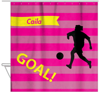 Thumbnail for Personalized Soccer Shower Curtain XLIII - Pink Background - Girl Silhouette III - Hanging View