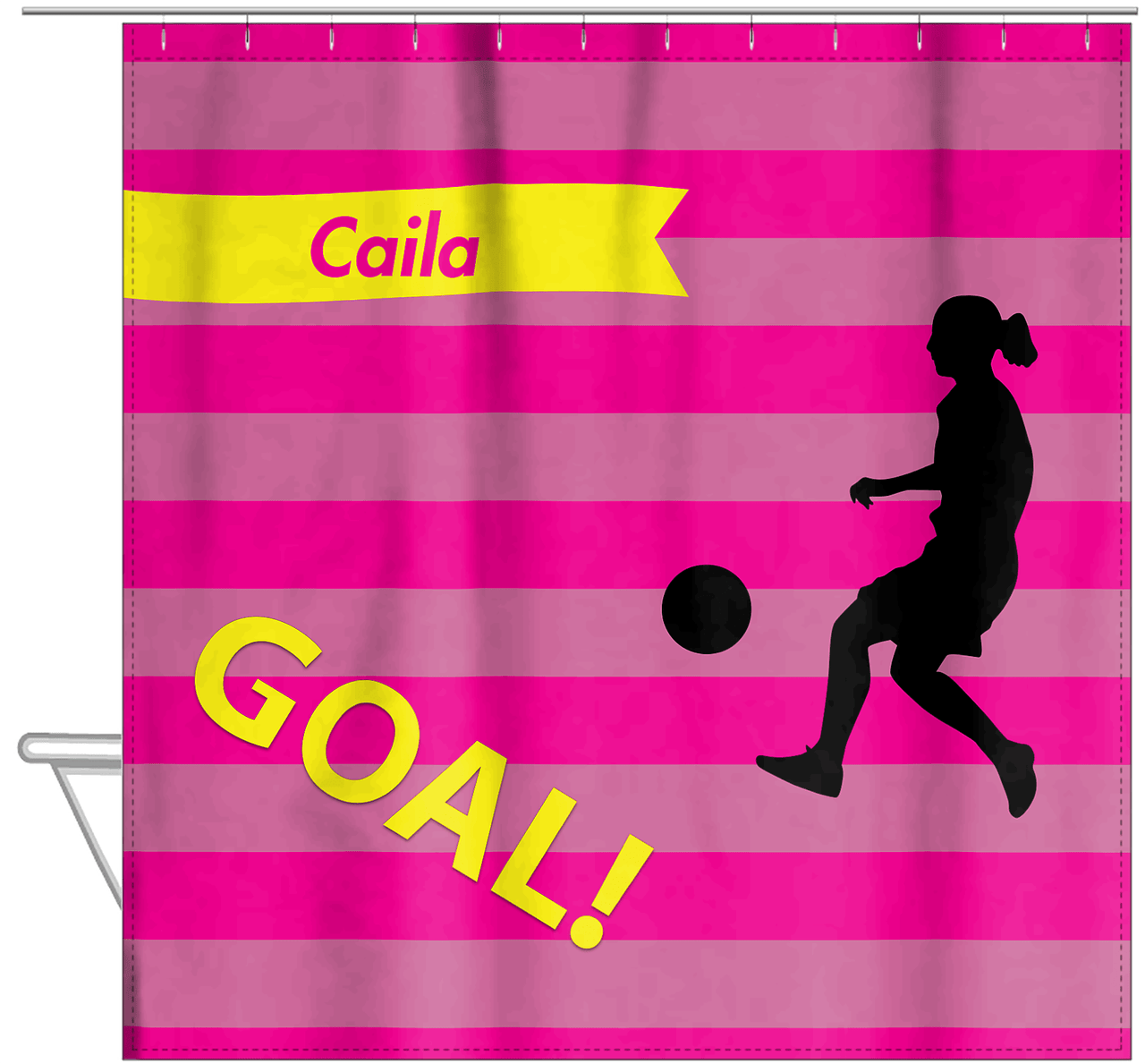 Personalized Soccer Shower Curtain XLIII - Pink Background - Girl Silhouette IV - Hanging View