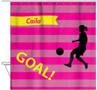 Thumbnail for Personalized Soccer Shower Curtain XLIII - Pink Background - Girl Silhouette IV - Hanging View