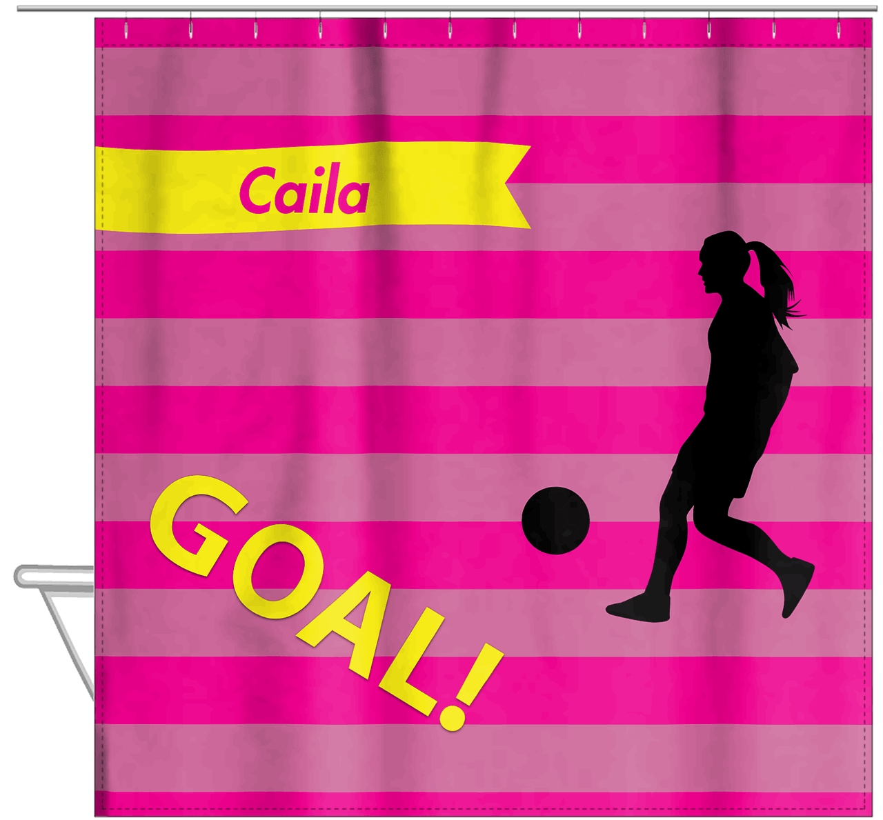 Personalized Soccer Shower Curtain XLIII - Pink Background - Girl Silhouette V - Hanging View