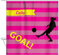 Thumbnail for Personalized Soccer Shower Curtain XLIII - Pink Background - Girl Silhouette VI - Hanging View