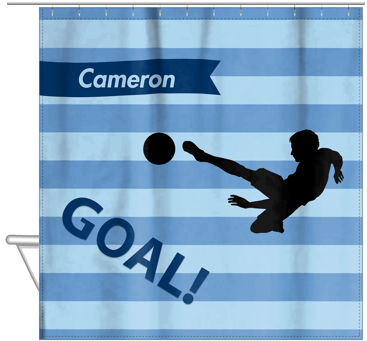 Personalized Soccer Shower Curtain XLIV - Blue Background - Boy Silhouette I - Hanging View