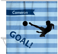 Thumbnail for Personalized Soccer Shower Curtain XLIV - Blue Background - Boy Silhouette I - Hanging View
