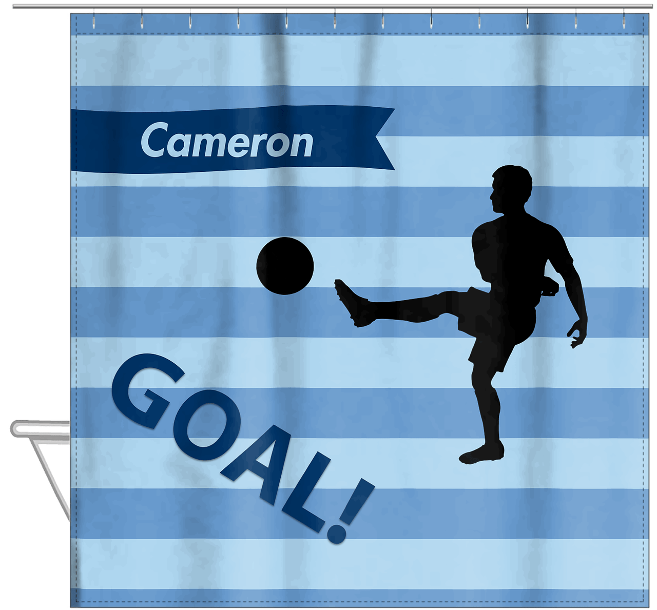 Personalized Soccer Shower Curtain XLIV - Blue Background - Boy Silhouette II - Hanging View