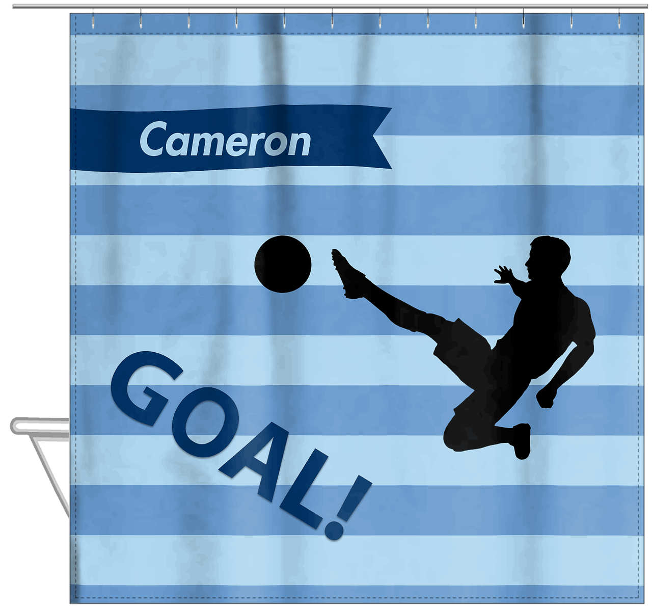 Personalized Soccer Shower Curtain XLIV - Blue Background - Boy Silhouette III - Hanging View