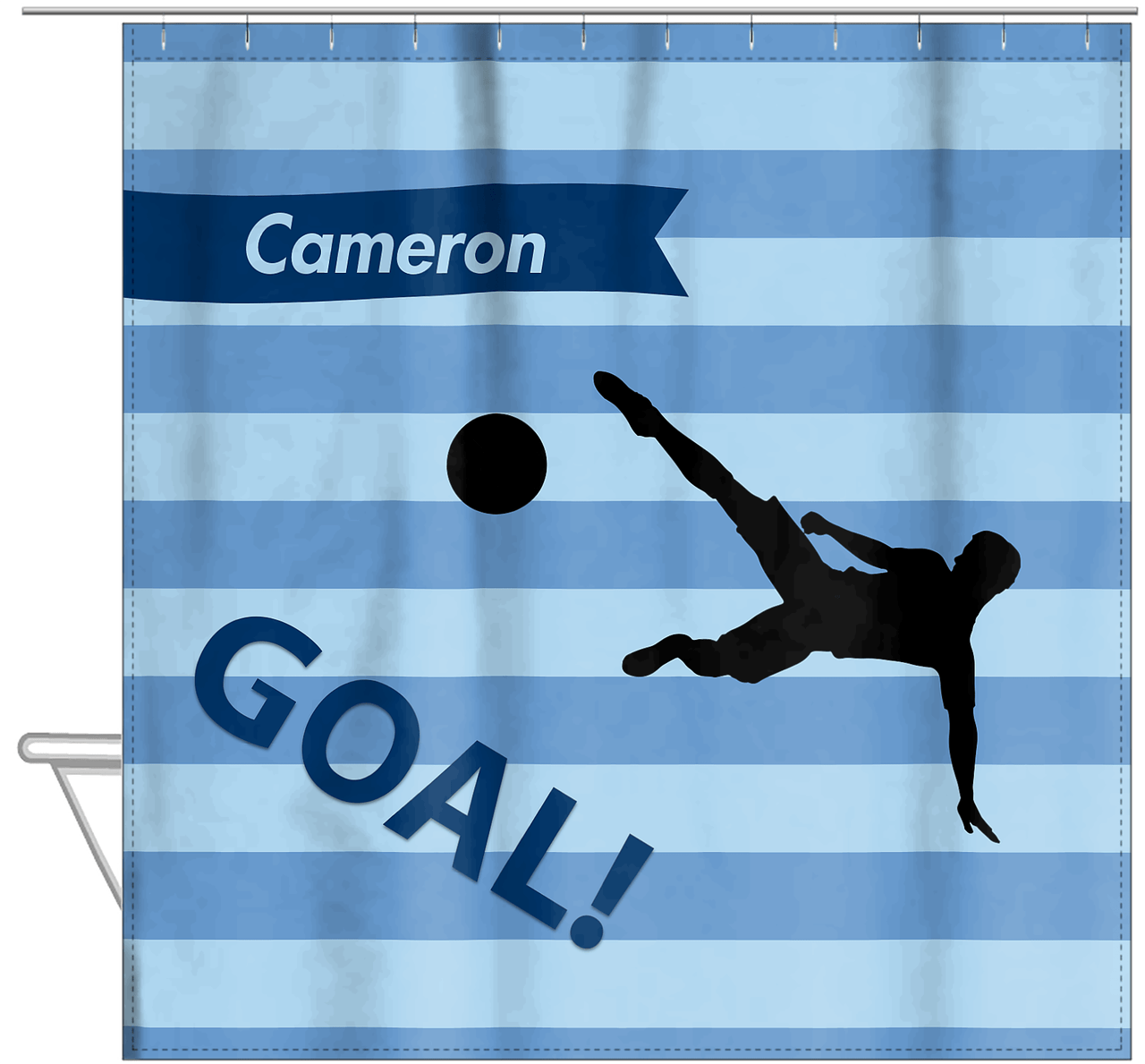 Personalized Soccer Shower Curtain XLIV - Blue Background - Boy Silhouette IV - Hanging View