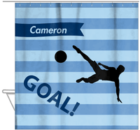 Thumbnail for Personalized Soccer Shower Curtain XLIV - Blue Background - Boy Silhouette IV - Hanging View