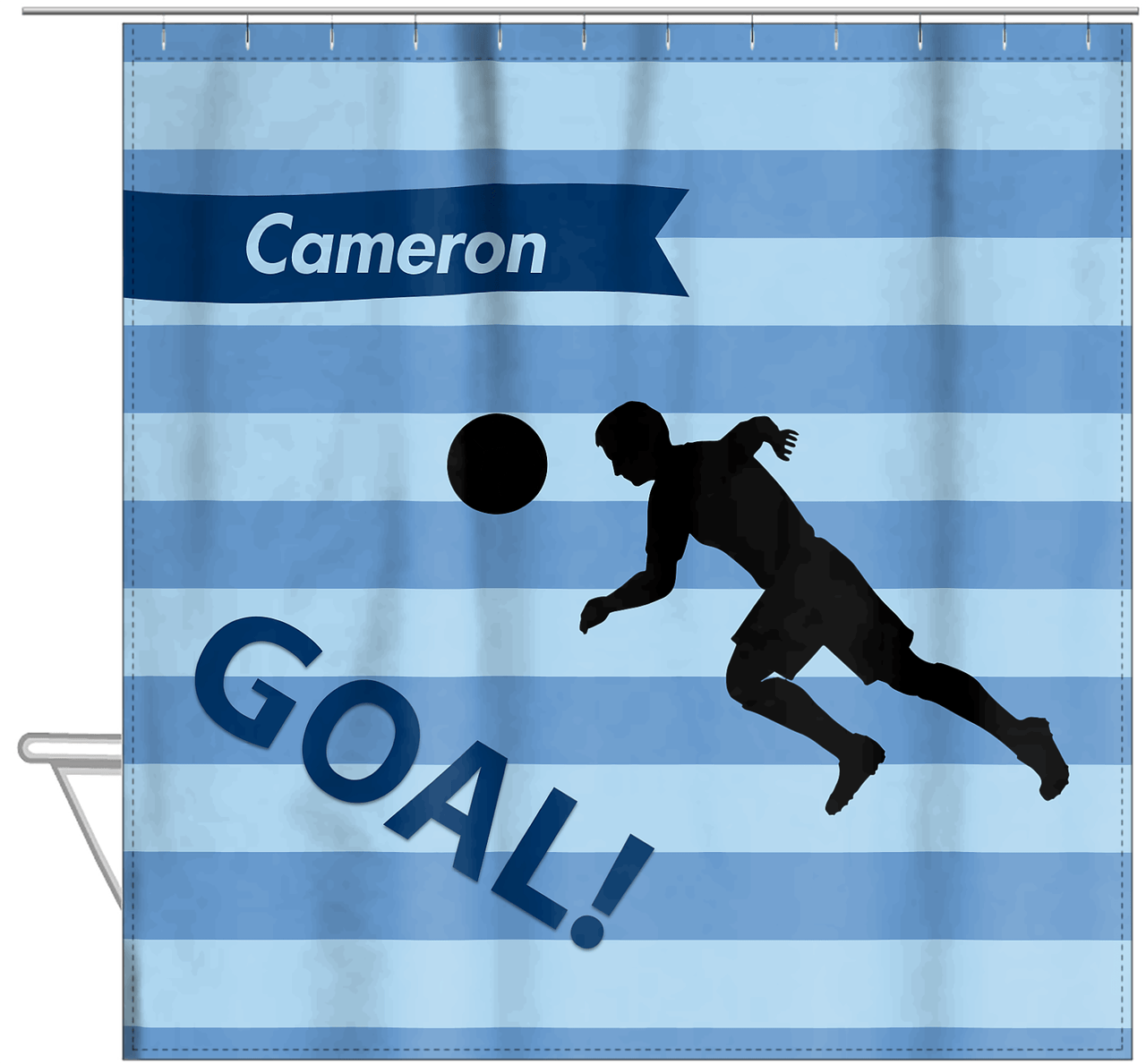 Personalized Soccer Shower Curtain XLIV - Blue Background - Boy Silhouette V - Hanging View