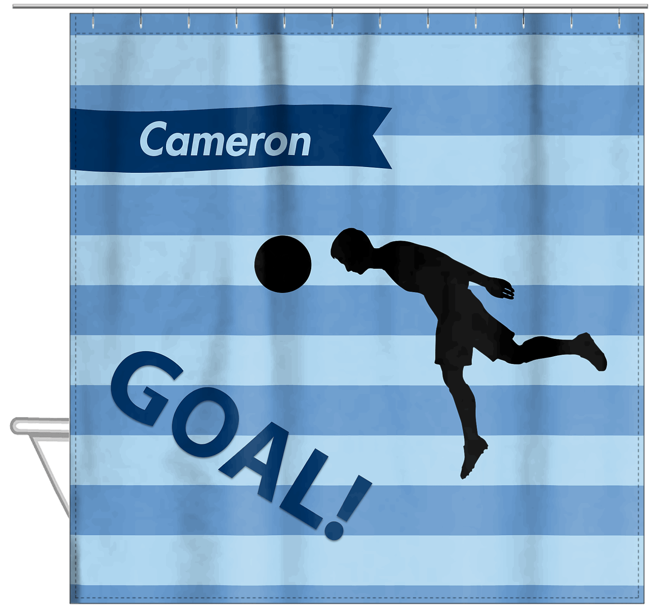 Personalized Soccer Shower Curtain XLIV - Blue Background - Boy Silhouette VI - Hanging View