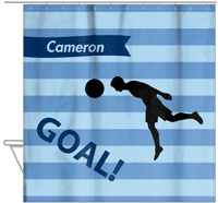 Thumbnail for Personalized Soccer Shower Curtain XLIV - Blue Background - Boy Silhouette VI - Hanging View