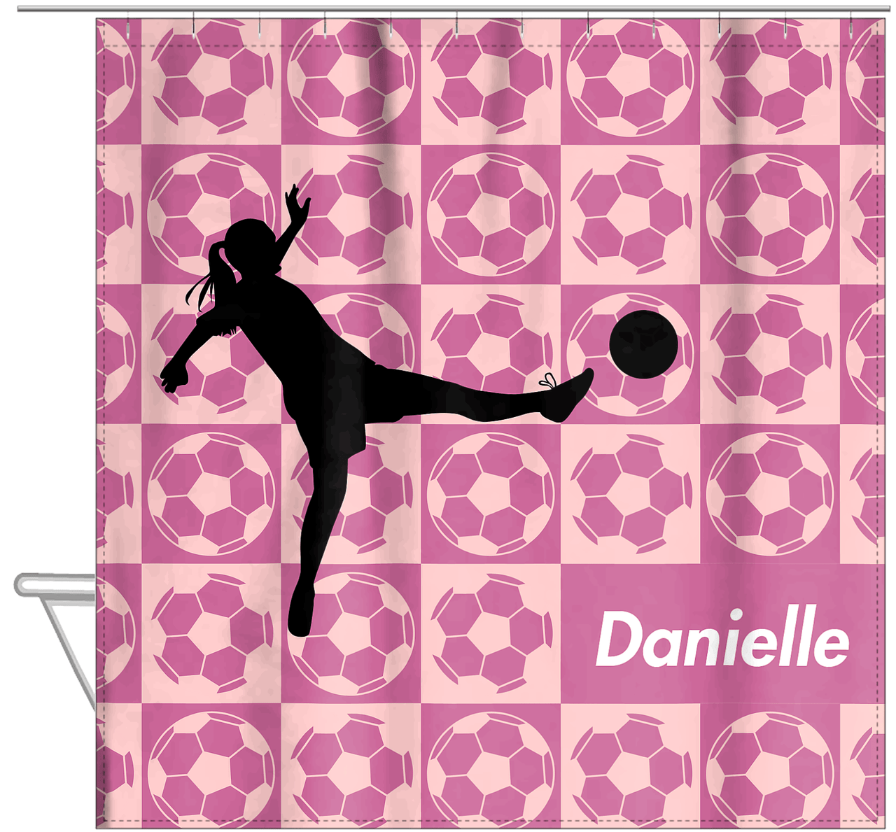 Personalized Soccer Shower Curtain XLV - Pink Background - Girl Silhouette I - Hanging View