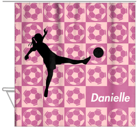 Thumbnail for Personalized Soccer Shower Curtain XLV - Pink Background - Girl Silhouette I - Hanging View