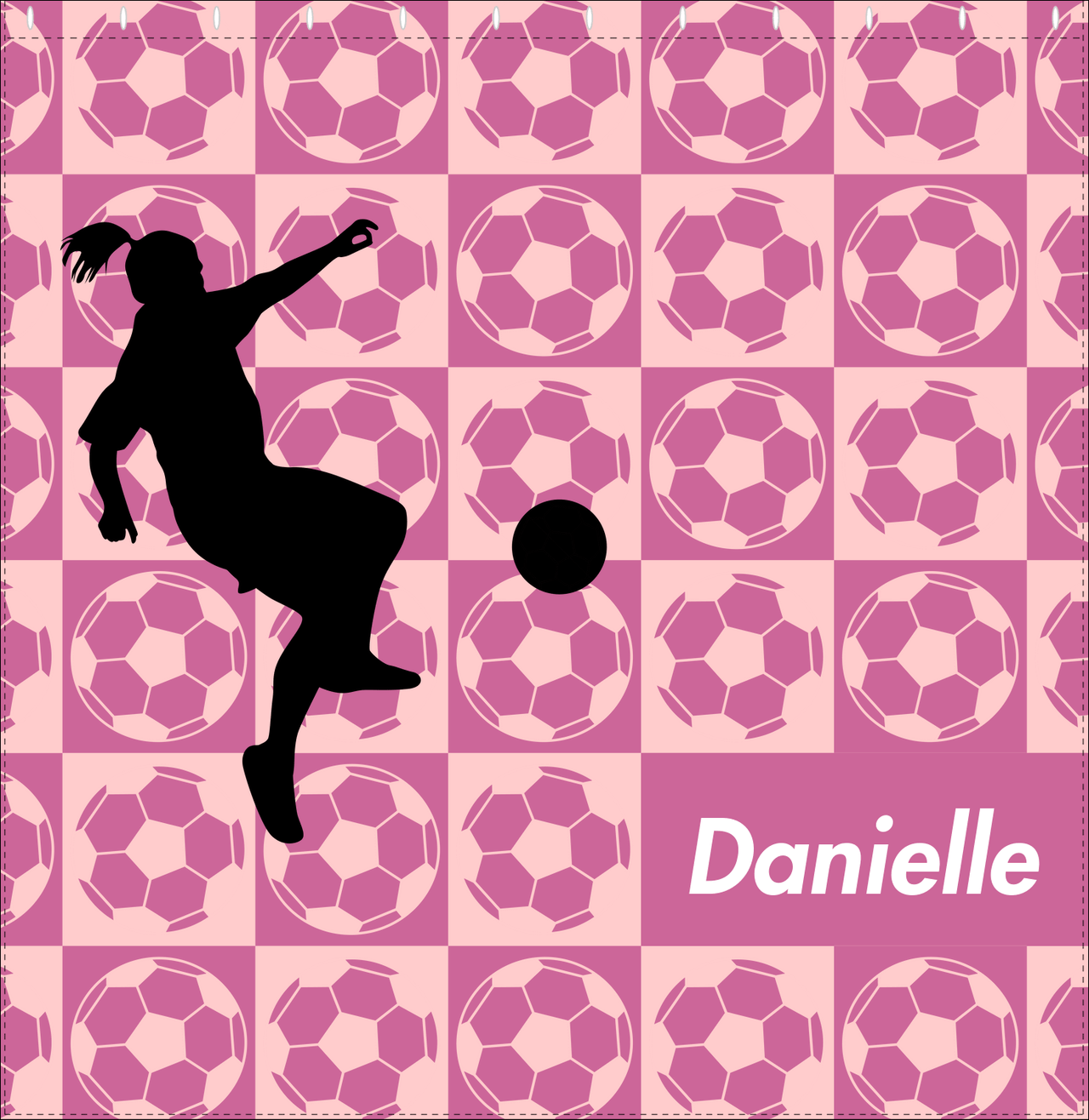 Personalized Soccer Shower Curtain XLV - Pink Background - Girl Silhouette II - Decorate View