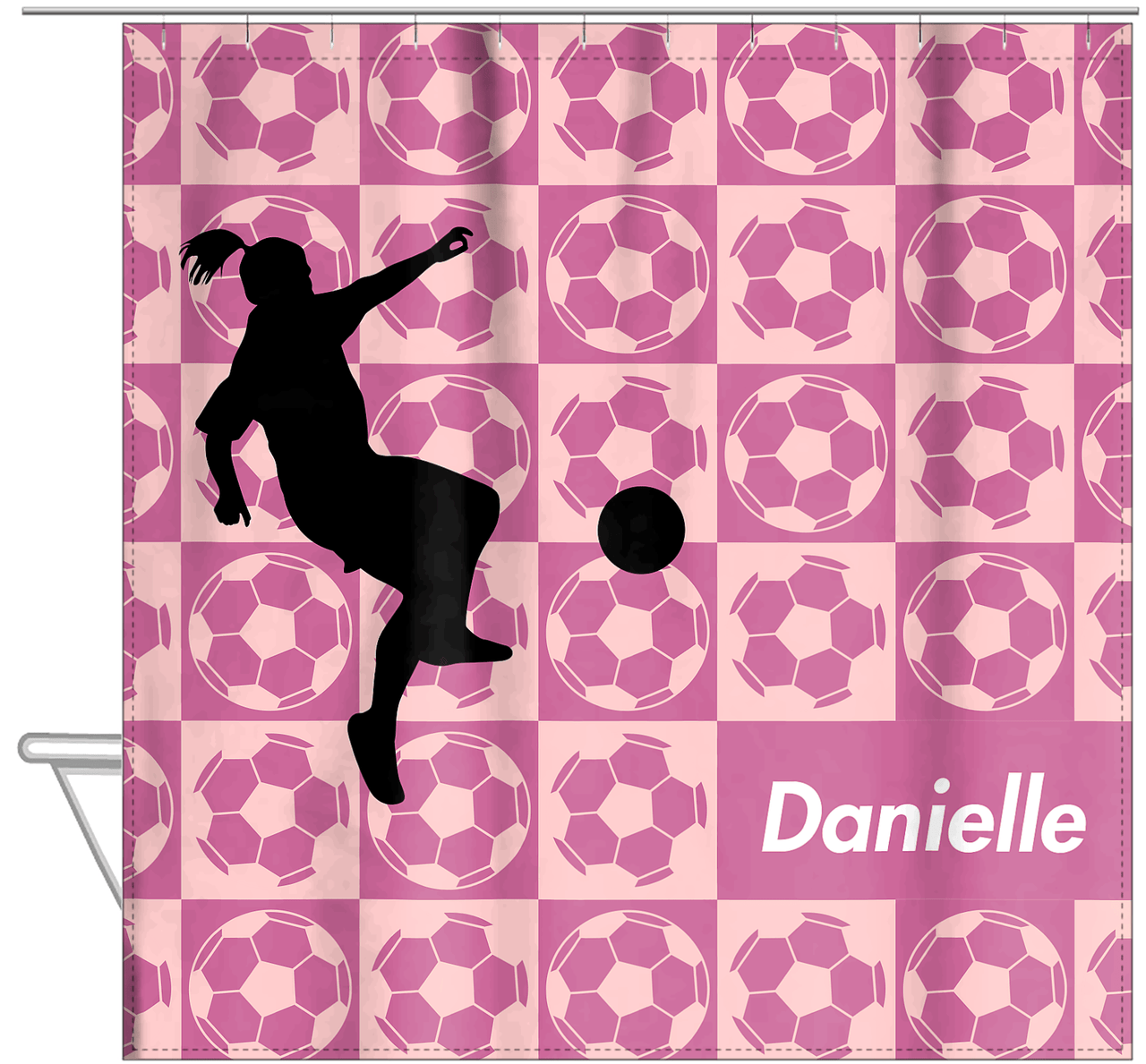 Personalized Soccer Shower Curtain XLV - Pink Background - Girl Silhouette II - Hanging View