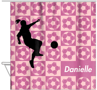 Thumbnail for Personalized Soccer Shower Curtain XLV - Pink Background - Girl Silhouette II - Hanging View